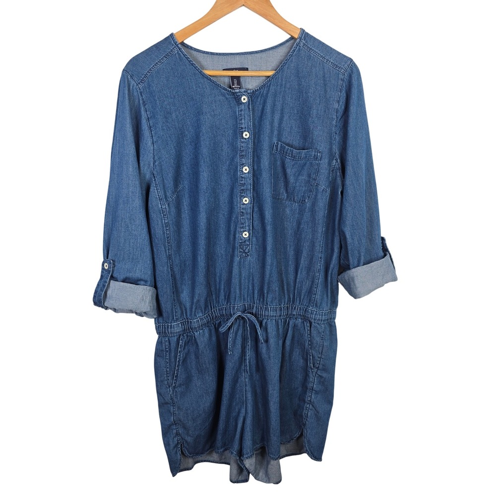 Gap Womens Blue Denim Chambray Roll Tab Sleeve Button Front Romper Size L